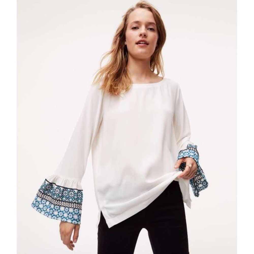 LOFT Ann Taylor embroidered bell sleeve blouse, xs